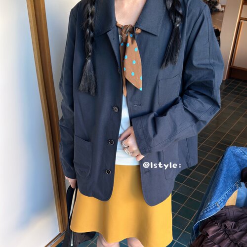 2026韩系istyle秋季复古翻领外套女宽松休闲丝巾装饰简约百搭夹克