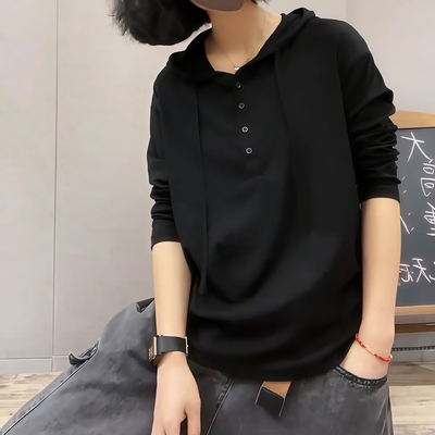 连帽长袖t恤2025秋季新款宽松显瘦洋气百搭大码女士打底衫上衣潮