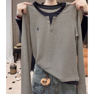 设计感宽松大码 假两件长袖 爆款 新款 胖mm女士上衣潮 t恤女2025秋季