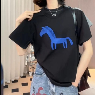 重工黑色刺绣t恤女2025新款 小众设计感上衣 纯棉短袖 女士正肩大码