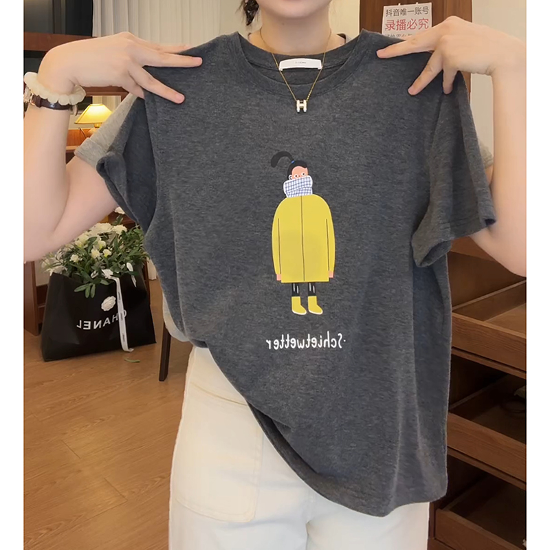 创意印花短袖t恤女2025夏季新款小众设计感正肩大码宽松女士上衣