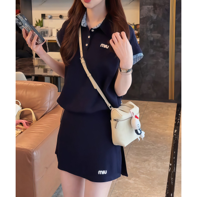 撞色套装女2025夏季新款爆款宽松大码显瘦POLO领上衣短裙子两件套