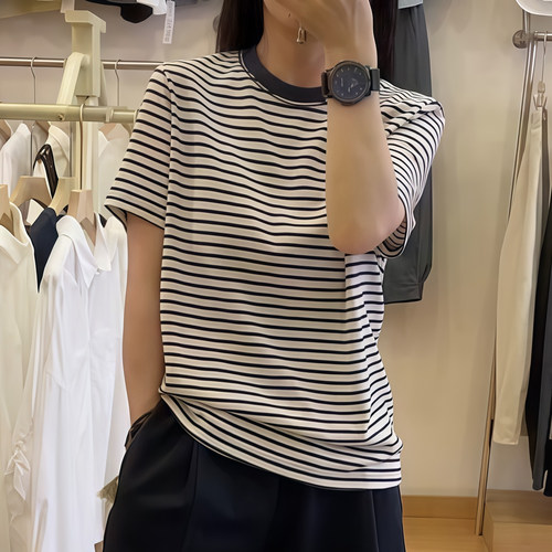 撞色条纹短袖t恤女大码胖mm2026夏季新款爆款宽松女士半袖上衣