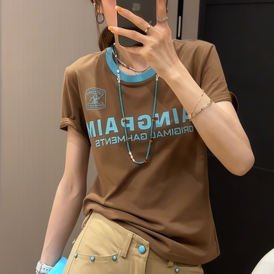 设计感字母印花短袖t恤女2025夏季新款爆款宽松正肩撞色女士上衣