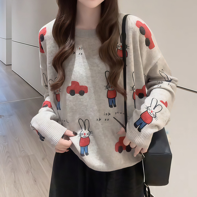 时尚毛衣女2025秋季新款爆款宽松圆领百搭大码胖mm女士针织衫上衣