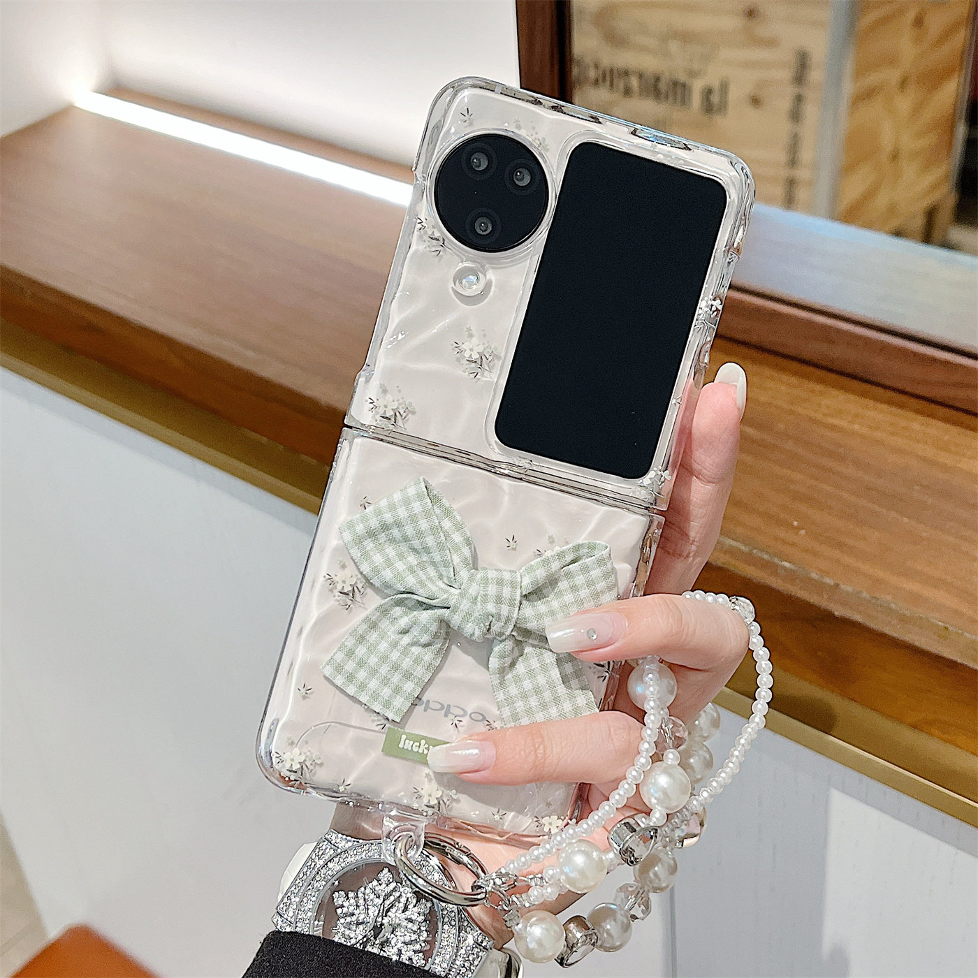 适用OPPO Find N2 Flip手机壳新款透明水波纹小白花N2Flip折叠屏硬壳防撞全包防摔高级感格子蝴蝶结女保护套