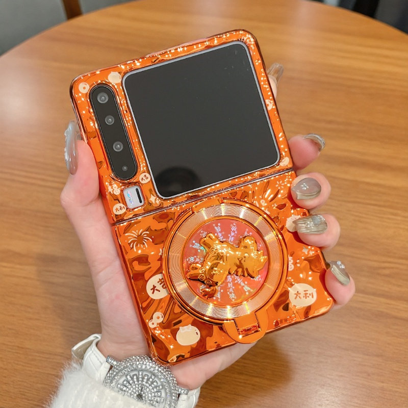 适用华为purax手机壳电镀橙色新年款pocket2马支架外壳Pura X阔折叠屏防摔硬壳Pocket S创意手绳matex6保护套