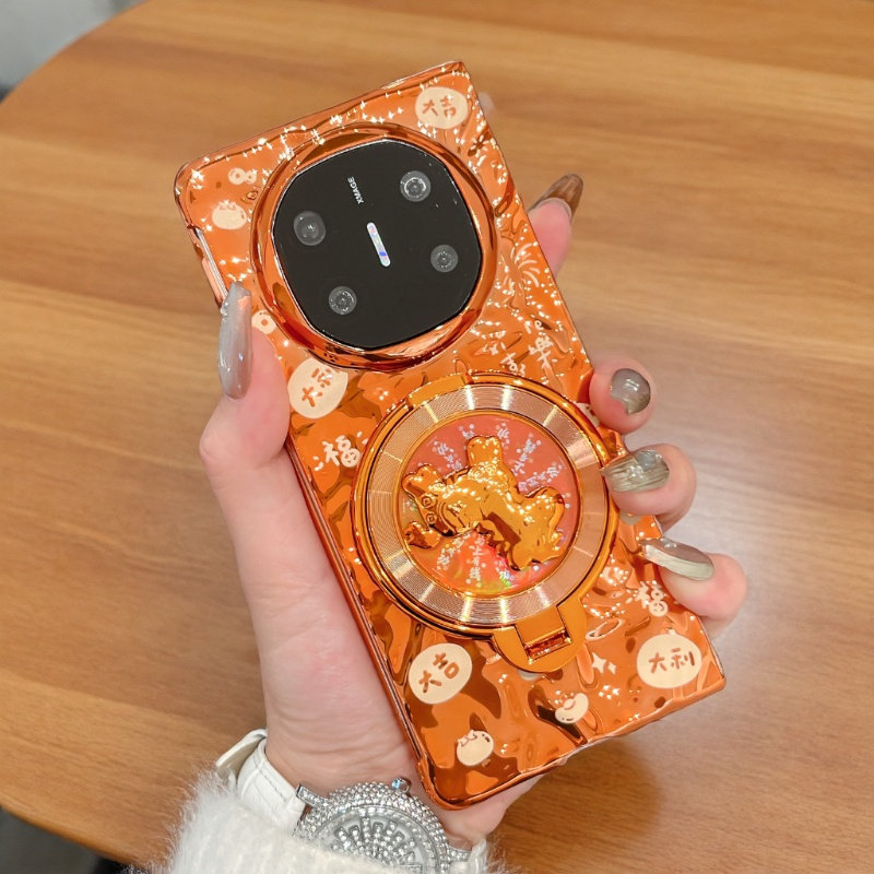 适用华为matex7手机壳电镀橙色新年款matex6马支架MateX5折叠屏个性翻盖外壳matex3硬壳防摔创意手绳保护套女