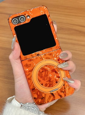 适用三星zflip7手机壳电镀橙色新款Z Flip6解压360支架外壳ZFlip4折叠屏简约ZFlip4硬壳ZFlip3防摔手绳保护套