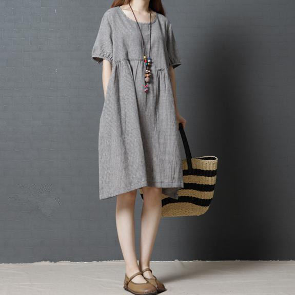 2018 summer literature Retro Women's wear Large Easy Show thin Flax lattice Mid length version Short sleeved Cotton and hemp Dressin the Women's clothing/Boutique , Large size women  category - from Buy2taobao.com to provide professional Taobao agent buy service