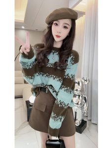 慵懒风撞色条纹针织毛衣女2023秋冬新款时尚韩版宽松显瘦洋气上衣