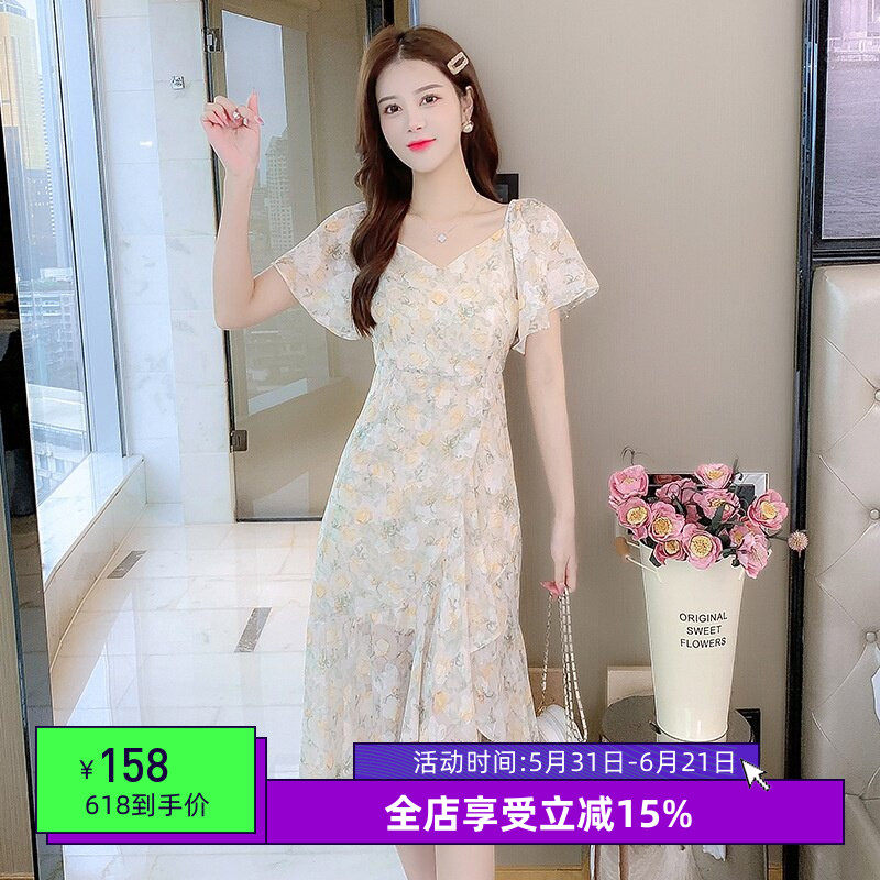 碎花雪纺连衣裙子女装夏季2026年新款别致收腰气质薄款仙女初恋裙