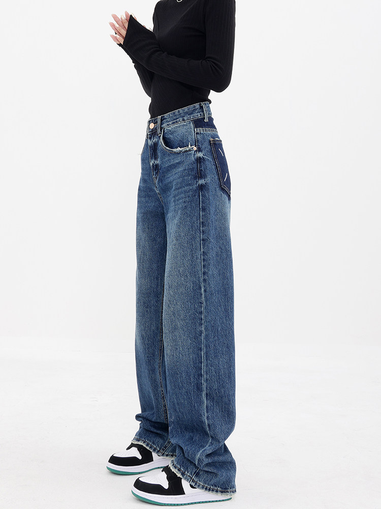 KEN STUDIO 2024 가을 겨울 신작 스트레이트 벨벳 청바지 여성 레트로 블루 하이 웨이스트 와이드 레그 캐주얼 바지