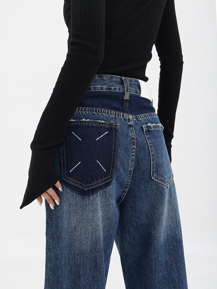 KEN STUDIO 2024 가을 겨울 신작 스트레이트 벨벳 청바지 여성 레트로 블루 하이 웨이스트 와이드 레그 캐주얼 바지