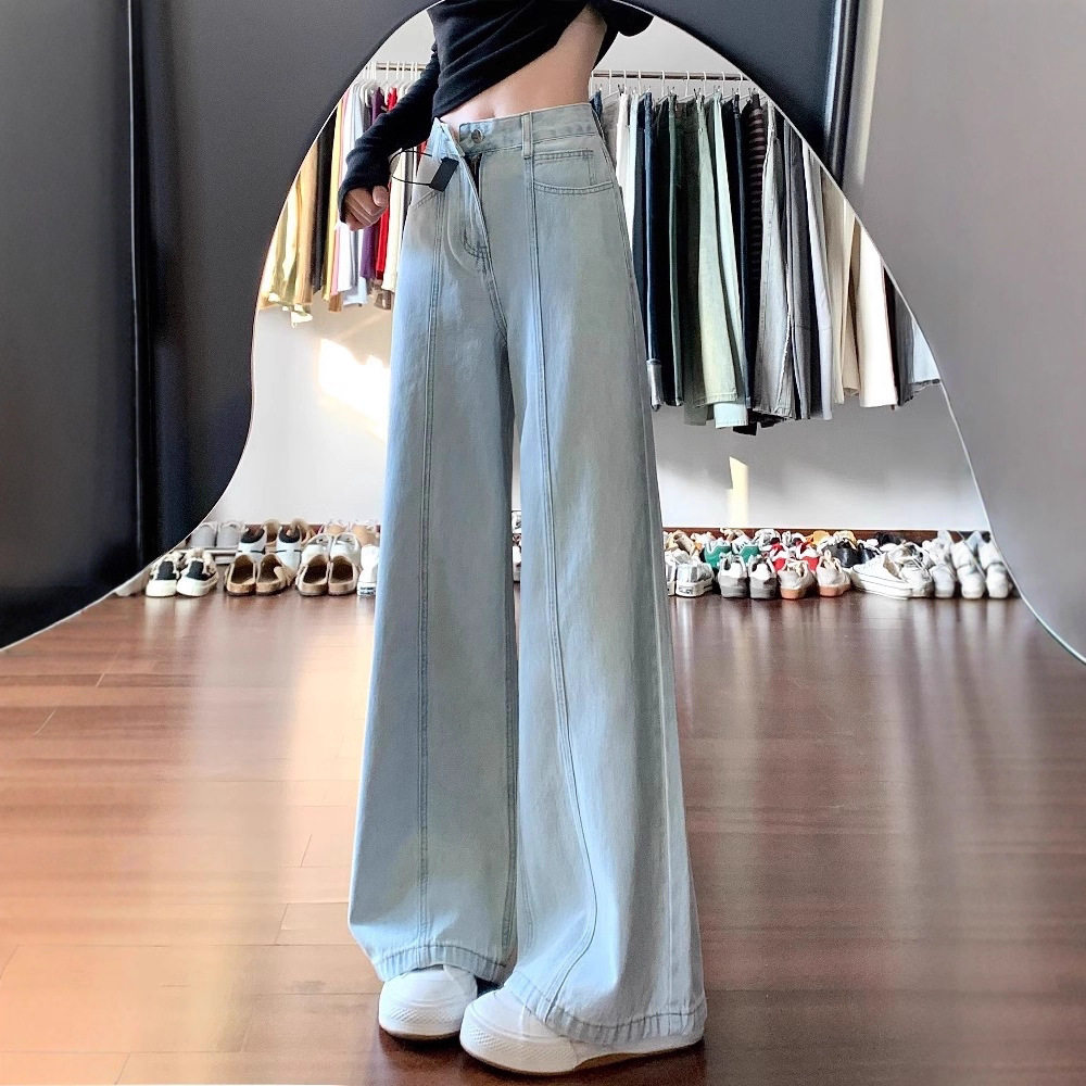 美式浅蓝色直筒牛仔裤女夏季新款胖妹妹mm高腰显瘦宽松阔腿拖地裤