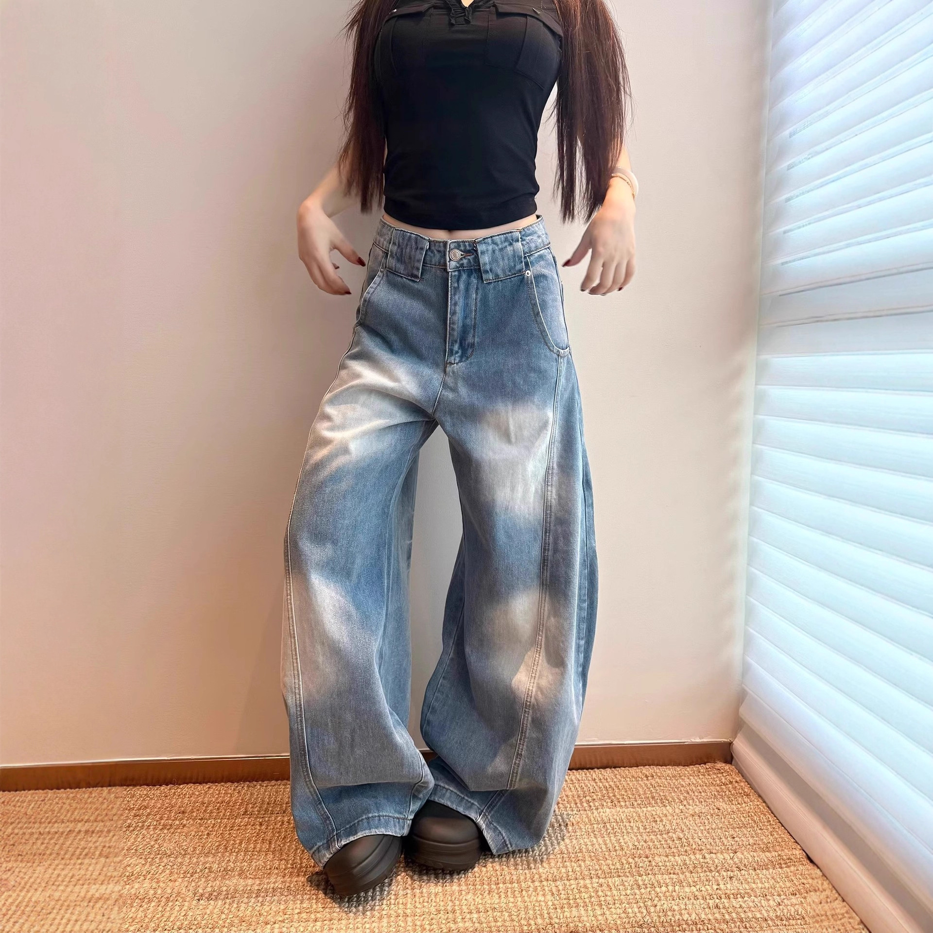 冬季新款水洗潮流时尚高腰显瘦直筒小个子弯刀牛仔裤女