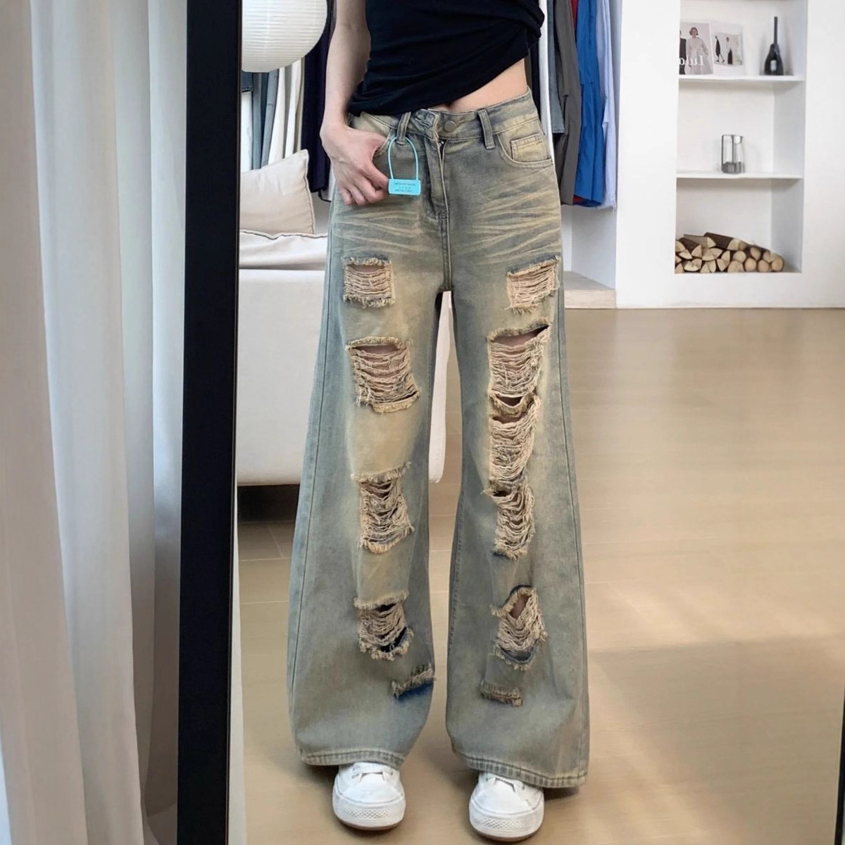 复古阔腿破洞牛仔裤2025年新款高腰显瘦宽松直筒牛仔裤