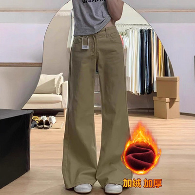 冬季加厚加绒卡其色阔腿牛仔裤女小个子宽松显瘦微喇裤子