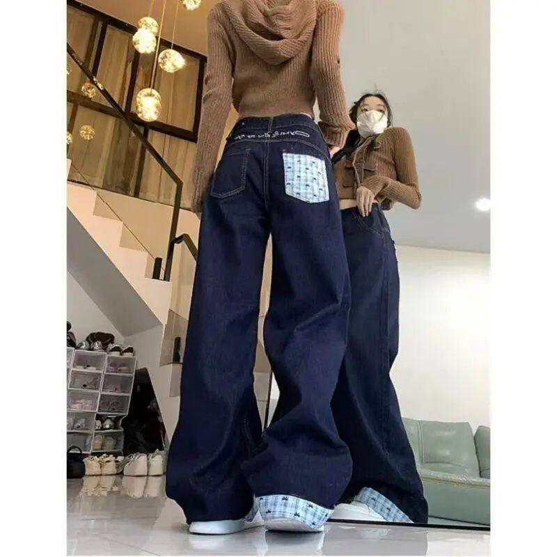 美式复古高腰宽松拼接蝴蝶结设计卷边格子阔腿牛仔裤女