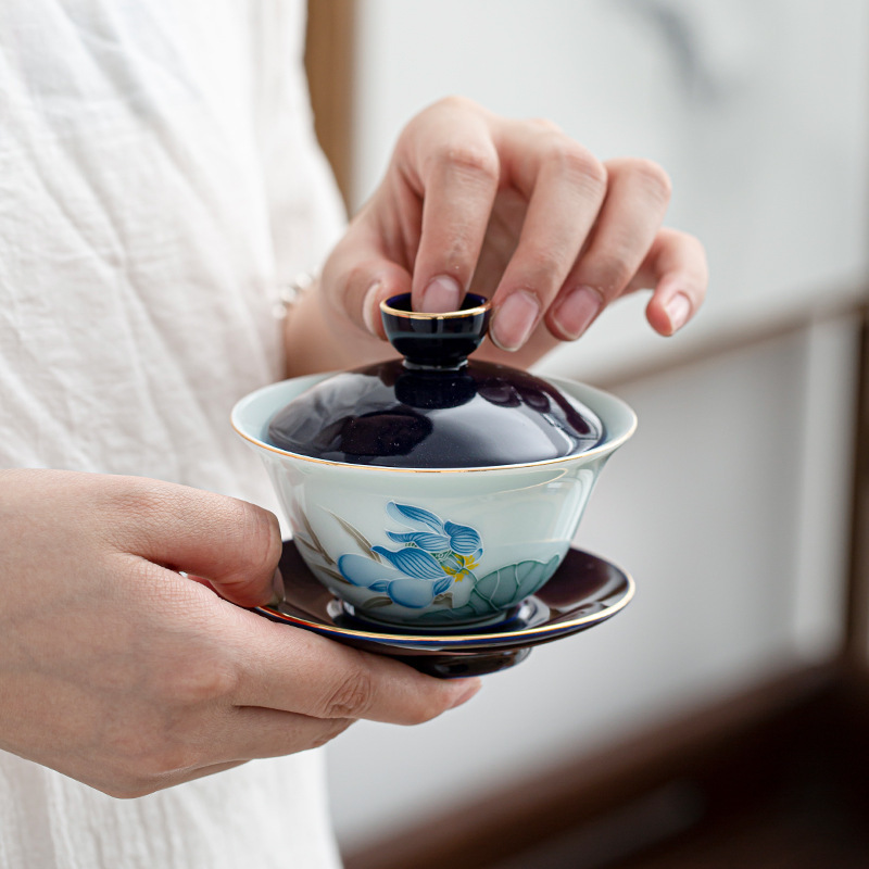 霁蓝三才陶瓷盖碗青瓷茶具家用