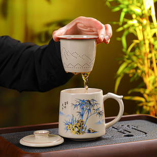 复古陶瓷茶水分离办公杯家用泡茶喝水杯大容量带过滤带盖杯子