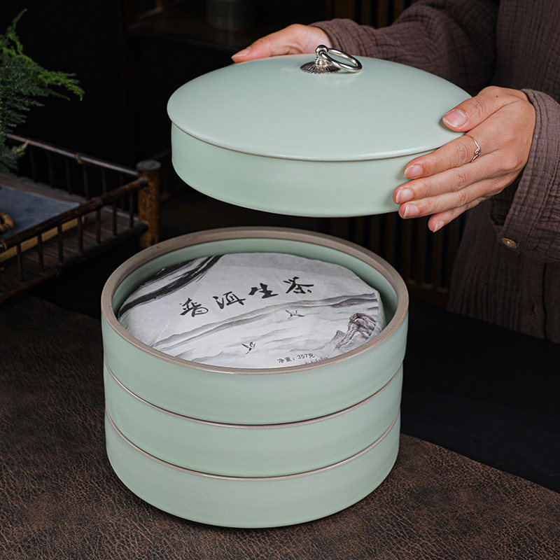 汝窑茶叶罐陶瓷大号带盖存茶罐白茶普洱茶饼罐茶叶包装收纳盒家用