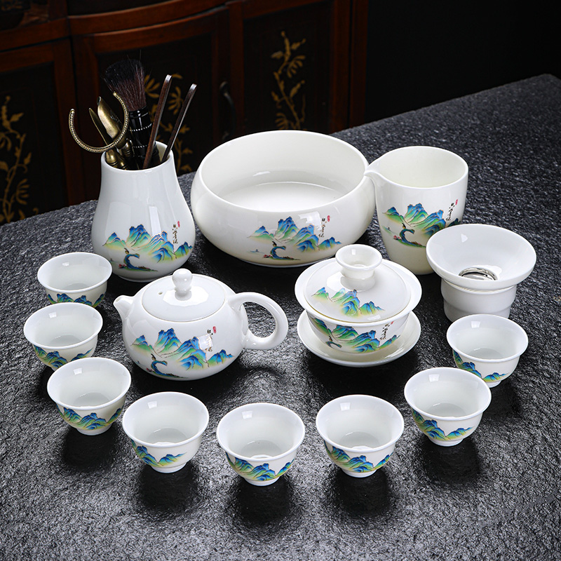 只此青绿羊脂玉功夫茶具小套装家用办公室泡茶器白瓷盖碗茶壶茶杯