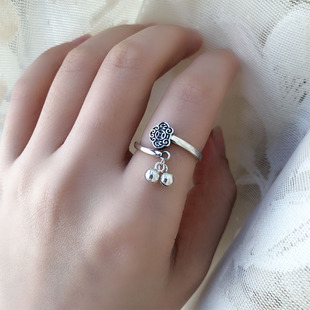 通体925银如意清音铃铛开口戒指银戒女可调节防过敏闺蜜礼物银饰