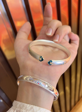 纯银宝相花珐琅描金开口银镯女