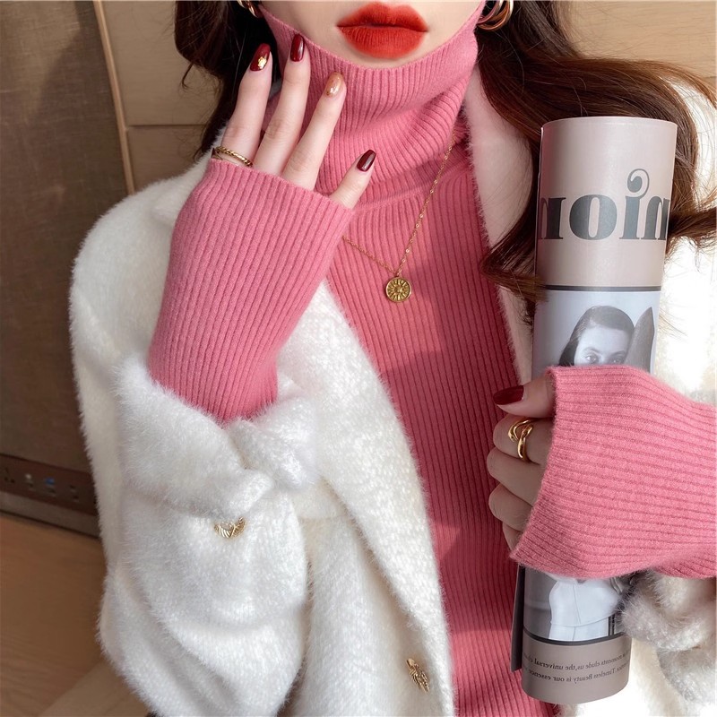 粉色高领毛衣女秋冬季2025新款针织洋气长袖内搭洋气堆堆领打底衫