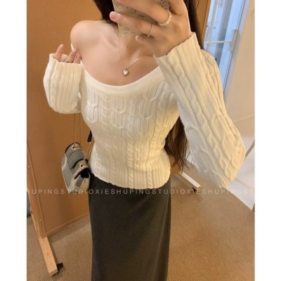 PPHOME斜肩一字肩麻花毛衣女秋冬纯欲辣妹修身显瘦长袖针织衫上衣