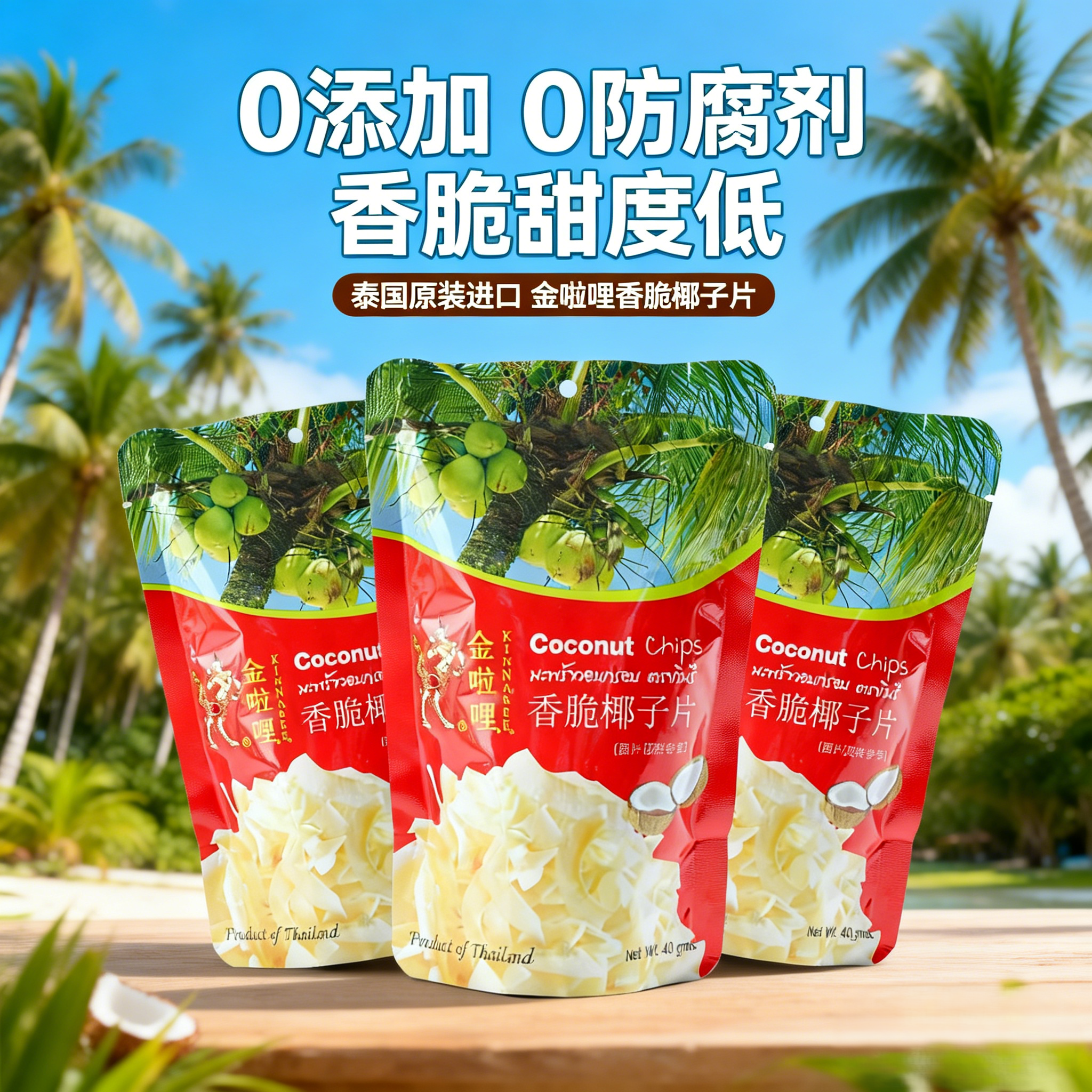 泰国进口金啦哩40g*3包椰子片香脆原味烤椰肉脆片椰果干小吃零食