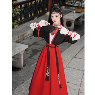 原创汉服日常舞蹈仙气武侠风套装半臂大码团服红色射箭学生班服女