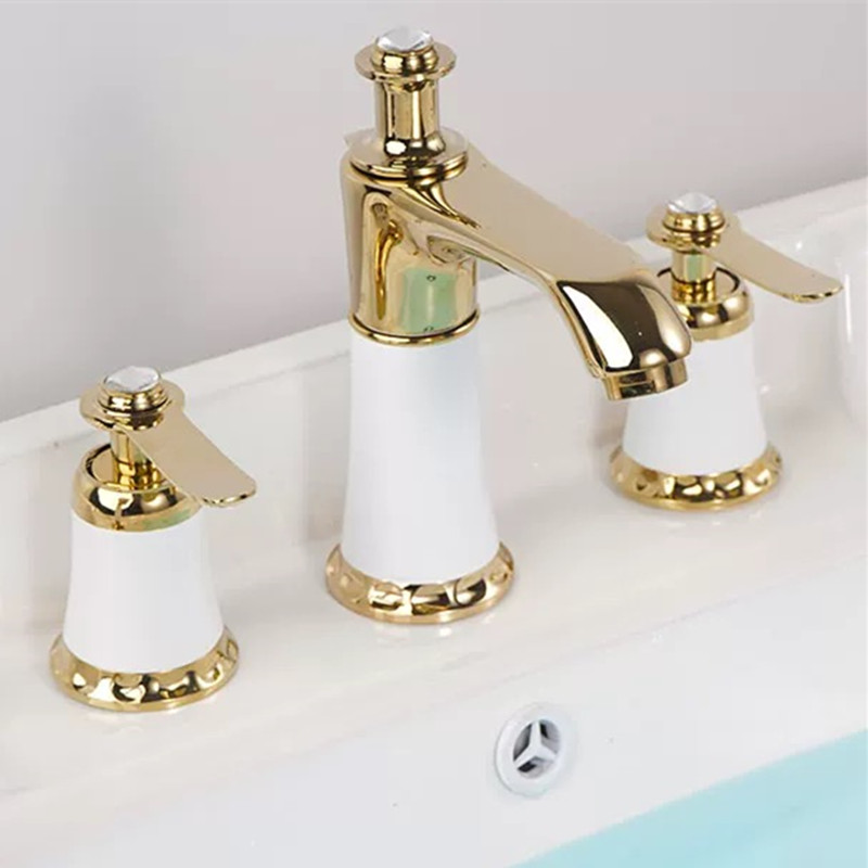 欧式三孔面盆水龙头亮银色白色金色冷热浴室柜四件套三件套龙头