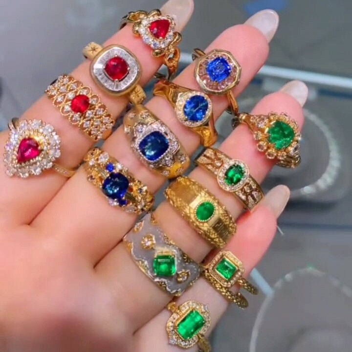 新品天然祖母绿 皇家蓝宝石 鸽血红宝石戒指大台面 18k金钻石镶嵌