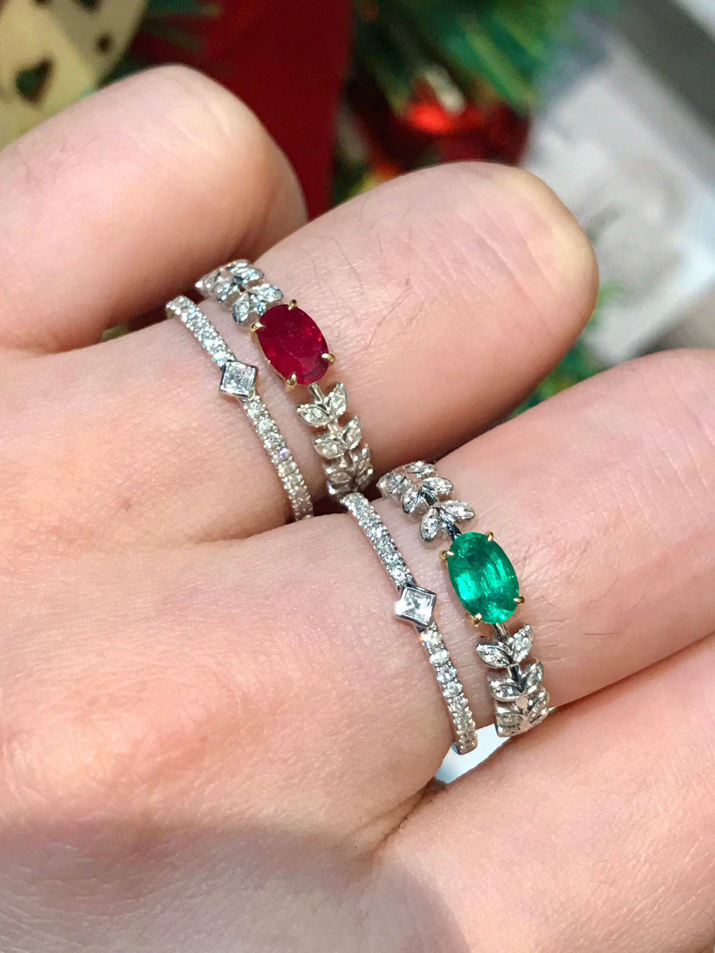 天然祖母绿红宝石双层钻石戒指 18k金镶嵌 晶体浓郁艳丽日常百搭