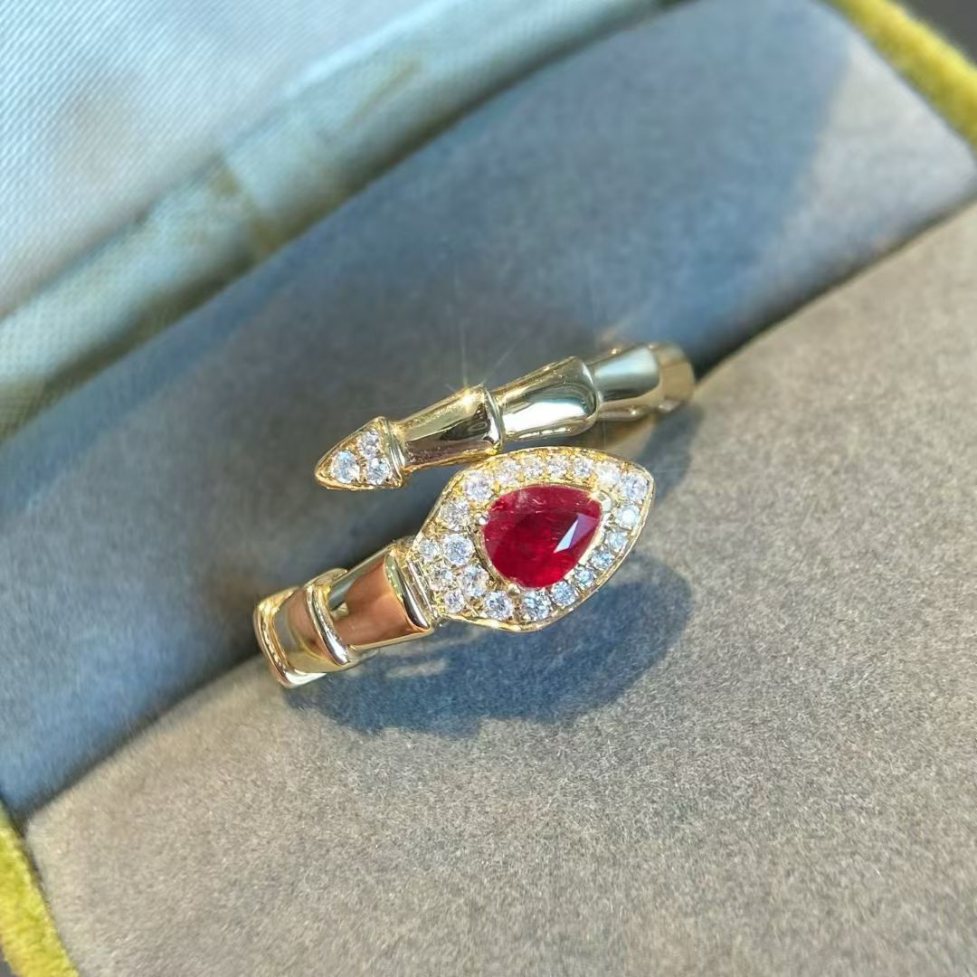 复古蛇戒红宝石36分鸽血红18k厚金镶嵌钻石11分高级大气 GRC证书