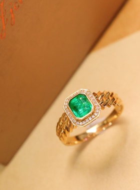 天然祖母绿戒指艳绿色 简约古巴链 主石55分018k金钻石镶嵌