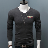 百搭色外穿春季 春季 衣印花打0128w T恤男士 修身 新款 质V领长袖