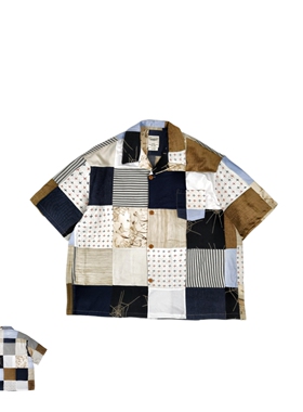 SONOFLOONG复古拼接方块古巴领短袖衬衫百家布廓形宽松咔叽非RRL