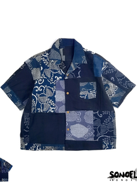 SONOFLOONG廓形宽松复古古布蓝染KOFU拼接短袖衬衫潮日系非VISVIM