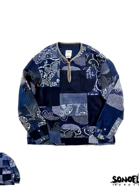 SONOFLOONG古布蓝染套头长袖衬衫做旧宽松日系复古TUNIC非visvim