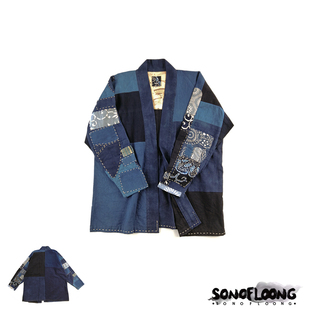SONOFLOONG蓝染古布拼接刺子长道袍补丁ICT KOFU非VISVIM NORAGI