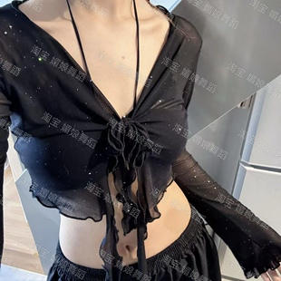 爵士舞新款 曳舞屁帘潮牌街舞两用腰搭 辣妹飘逸上衣肚皮舞水纱罩衫