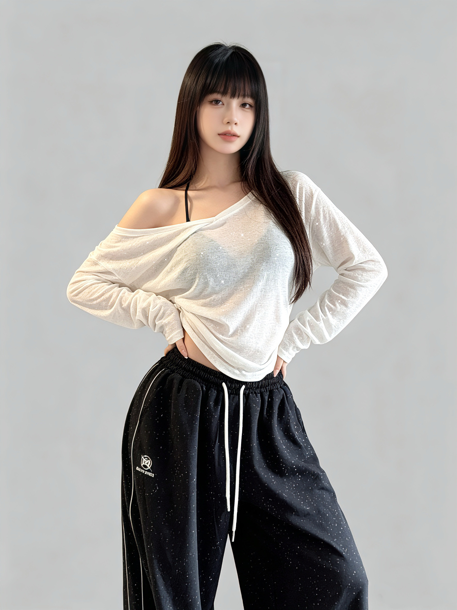 爵士舞新款带闪辣妹斜肩微透罩衫美式松弛感v领舞蹈长袖衫T恤上衣