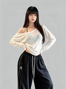 爵士舞新款带闪辣妹斜肩微透罩衫美式松弛感v领舞蹈长袖衫T恤上衣