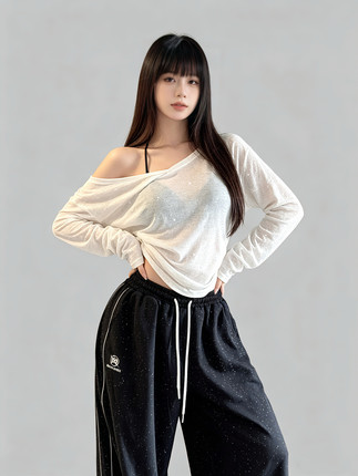 爵士舞新款带闪辣妹斜肩微透罩衫美式松弛感v领舞蹈长袖衫T恤上衣