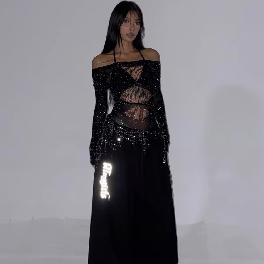 BLINGGIRLS同款辣妹布韩街舞潮牌爵士舞肚皮舞烫钻性感连裆长上衣