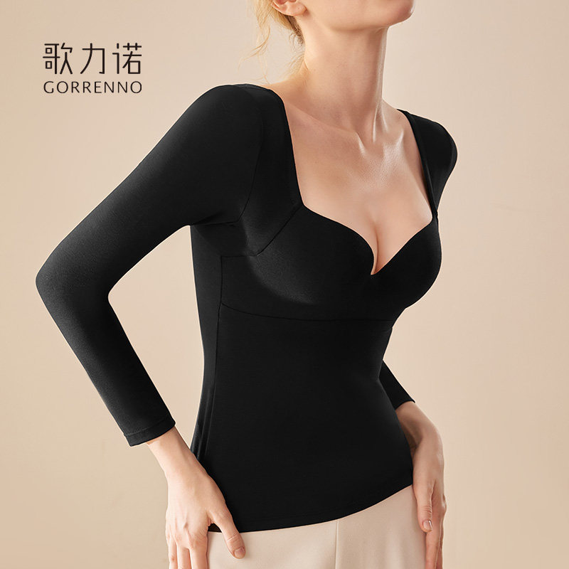 德绒加绒保暖内衣女聚拢带胸垫低胸内搭打底秋衣性感低领v领上衣,女士内衣/男士内衣/家居服,保暖上装,淘宝优惠券,粉丝福利购,淘宝优惠卷