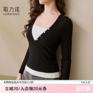 带胸垫打底衫 T恤女绝美好看早春亨利上衣 黑色内搭假两件外穿长袖